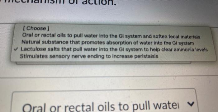 Match the laxative with its associated mechanism of action.